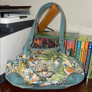 Kathy Van Zeeland Y2K Blue and Orange Paisley Crown Logo Shoulder Bag